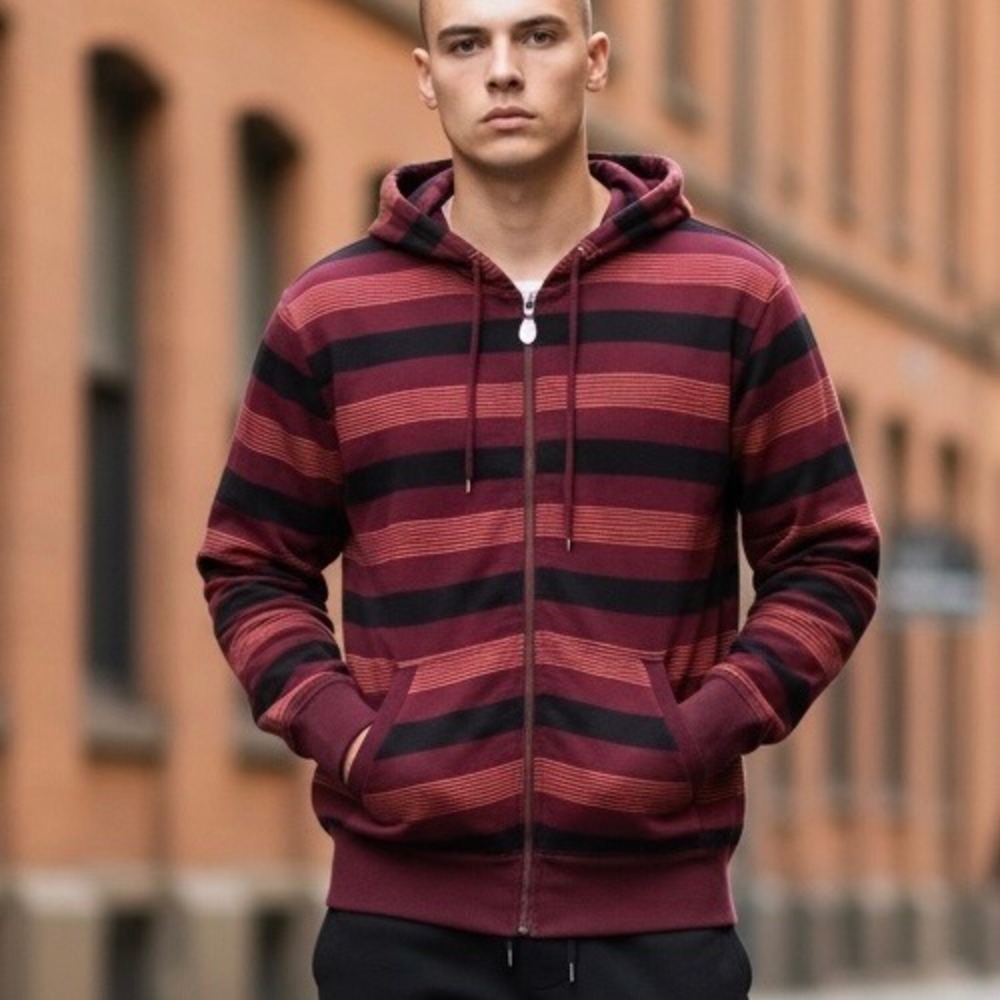 Amplify Striped Zip Hoodie Mens Medium Burgundy Black Red Fleece Excellent